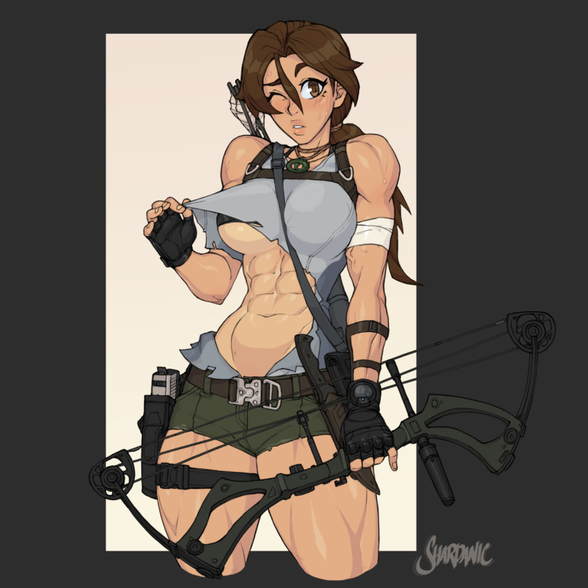 abs belt breasts brown_eyes brown_hair gloves highres jewelry lara_croft logo looking_at_viewer muscular necklace one_eye_closed original shardanic shirt shorts solo tomb_raider torn_clothes torn_shirt