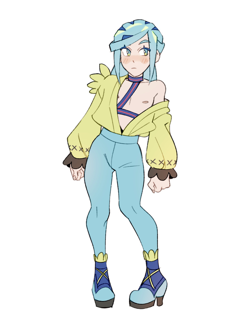 1boy absurdres alternate_costume bare_pectorals blue_eyes blue_footwear blue_hair blue_pants blush borrowed_design clenched_hands expressionless full_body grusha_(pokemon) high-waist_pants high_heels highres itslyssalala jacket long_hair looking_to_the_side male_focus multicolored_hair nipples open_clothes open_jacket otoko_no_ko pants pectorals pokemon pokemon_sv sidelocks simple_background single_bare_shoulder single_off_shoulder solo standing tight_clothes tight_pants two-tone_hair white_background yellow_jacket