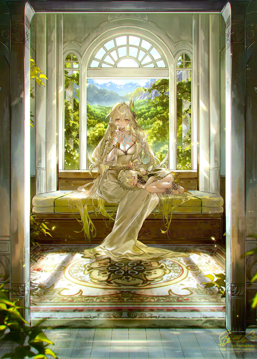 2girls arched_window bare_shoulders bench bloomers body_markings braid breasts cape cleavage closed_eyes colored_tips commentary_request covered_navel detached_sleeves doorway dress finger_to_mouth forest genshin_impact gold_choker gold_trim gradient_hair green_cape green_hair green_sleeves grin hair_between_eyes hair_ornament hair_over_shoulder highres indoors lap_pillow large_breasts leaf leaf_hair_ornament long_hair long_skirt looking_at_viewer lying lying_on_lap lying_on_person mat multicolored_hair multiple_girls nahida_(genshin_impact) nature on_side plant pointy_ears pov rukkhadevata_(genshin_impact) shushing side_ponytail single_braid sitting skirt sky sleeping sleeping_on_person smile symbol-shaped_pupils toeless_footwear toeless_legwear toes tree utsuhostoria very_long_hair white_bloomers white_dress white_hair window