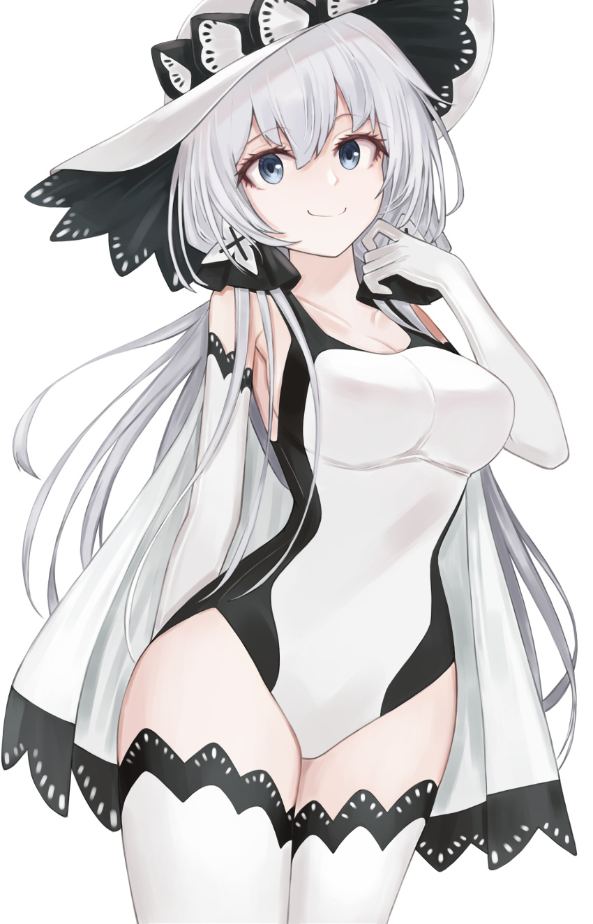 absurdres alternate_costume arm_behind_back azur_lane beisaku_bei blue_eyes blush breasts cape cleavage competition_swimsuit elbow_gloves female gloves hat highres illustrious_(azur_lane) large_breasts long_hair looking_at_viewer one-piece_swimsuit smile swimsuit thighhighs white_gloves white_hair white_hat white_one-piece_swimsuit