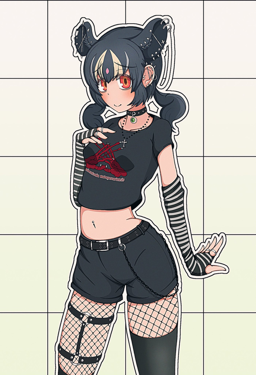 alternate_costume animal_ear_piercing animal_ears asymmetrical_legwear aye-aye_(kemono_friends) belt belt_chain black_belt black_choker black_gloves black_hair black_shirt black_shorts black_thighhighs blonde_hair blush choker cowboy_shot ear_piercing elbow_gloves emo_fashion extra_ears female fingerless_gloves fishnet_pantyhose fishnets gloves highres jewelry kemono_friends looking_at_viewer midriff monkey_ears monkey_girl monkey_tail multicolored_hair navel navel_piercing necklace orange_eyes pantyhose phenomenooooo_n piercing shirt short_hair short_sleeves short_twintails shorts sidelocks smile solo striped_clothes striped_gloves t-shirt tail thighhighs twintails two-tone_gloves white_gloves