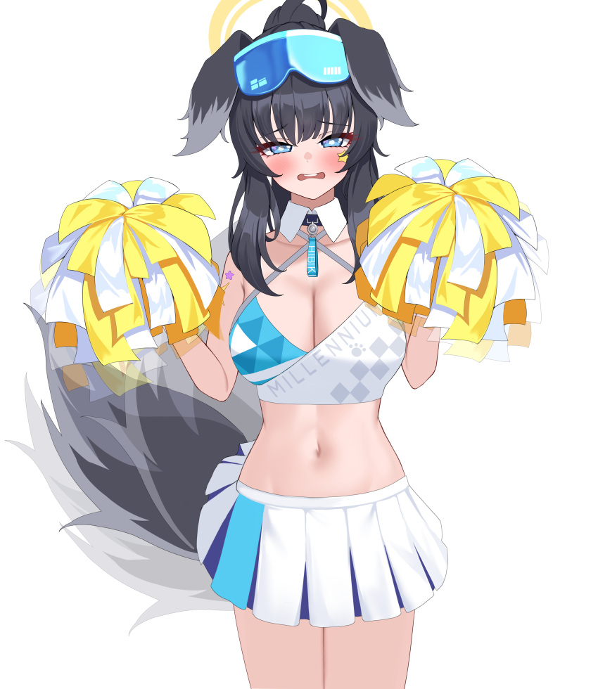 82jhin :o absurdres afterimage animal_ears black_hair blue_archive blush breasts cheerleader cleavage dog_ears female goggles goggles_on_head halo hibiki_(blue_archive) hibiki_(cheer_squad)_(blue_archive) highres holding holding_pom_poms large_breasts looking_at_viewer millennium_cheerleader_outfit_(blue_archive) miniskirt navel official_alternate_costume pleated_skirt pom_pom_(cheerleading) simple_background skirt solo sports_bra star_sticker sticker_on_face stomach tail tail_under_clothes tail_wagging thighs two-tone_sports_bra white_background