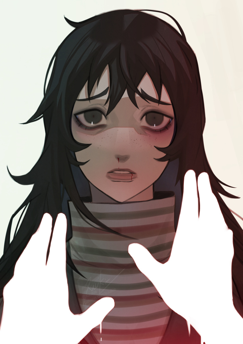 absurdres anya_(mouthwashing) artist_name black_hair blood blood_from_mouth bruise bruised_eye female freckles grey_eyes hair_between_eyes highres injury long_hair looking_at_viewer mouthwashing nosebleed parted_lips pov pov_hands signature solo_focus turtleneck xuuikie_ashe