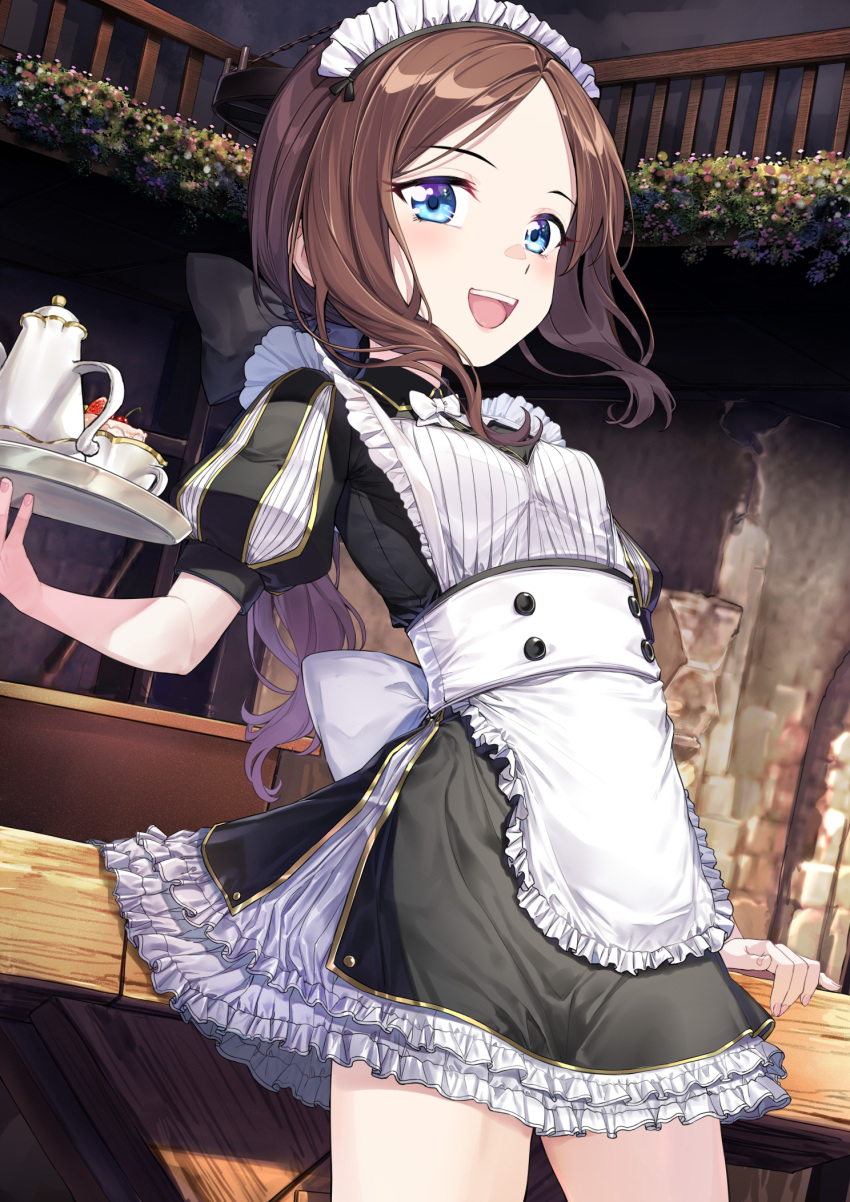 apron black_bow black_dress blue_eyes blush bow breasts brown_hair coffeekite dress fate/grand_order fate_(series) female forehead hairbow highres leonardo_da_vinci_(fate) leonardo_da_vinci_(rider)_(fate) leonardo_da_vinci_(rider)_(second_ascension)_(fate) long_hair looking_at_viewer maid maid_headdress open_mouth parted_bangs ponytail puff_and_slash_sleeves puffy_short_sleeves puffy_sleeves short_sleeves small_breasts smile solo white_apron