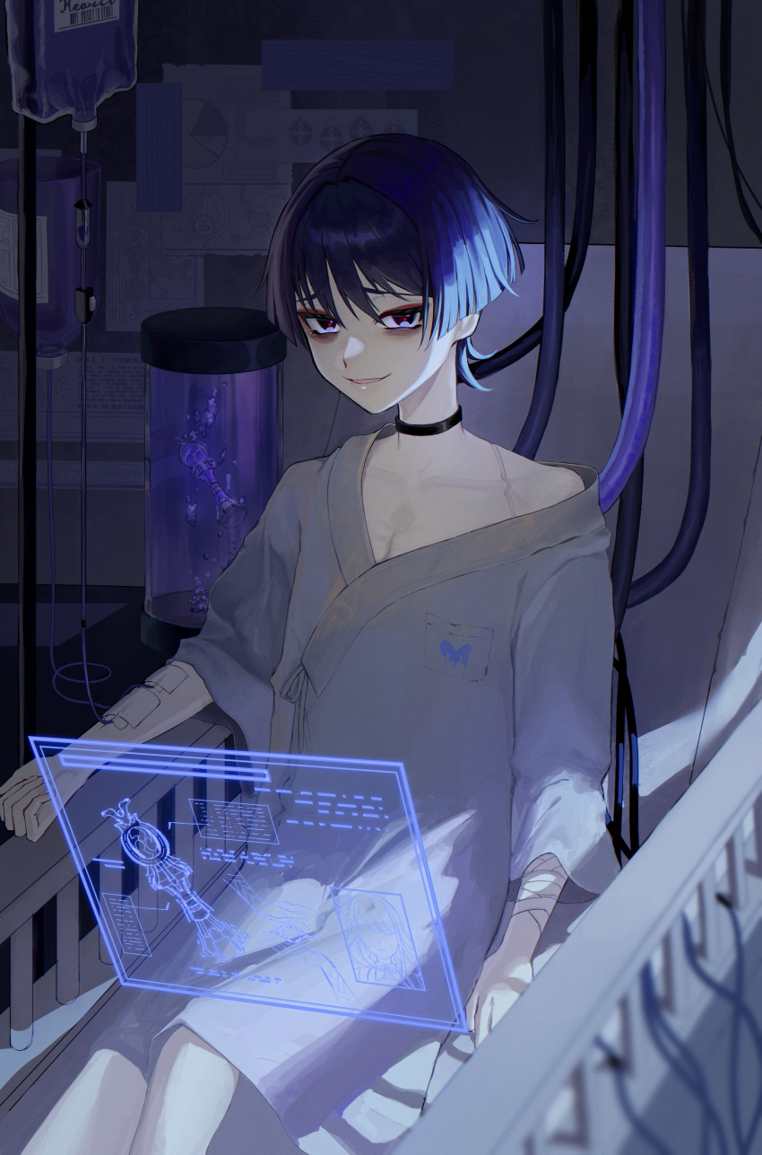 1boy absurdres arms_at_sides bags_under_eyes bed black_eyes blue_hair blunt_ends bubble cable clenched_hand cylinder doll_joints eyeliner eyeshadow fuli_(narumiyafuri) genshin_impact gnosis_(genshin_impact) highres hologram hospital hospital_bed hospital_gown intravenous_drip iv_stand joints light_blue_hair looking_at_viewer makeup male_focus mitsudomoe_(shape) multicolored_hair on_bed open_mouth paper pectoral_cleavage pectorals pie_chart purple_hair red_eyeliner red_eyeshadow red_pupils scaramouche_(genshin_impact) single_off_shoulder sitting sleeves_past_elbows smile solo streaked_hair tomoe_(symbol) white_sleeves