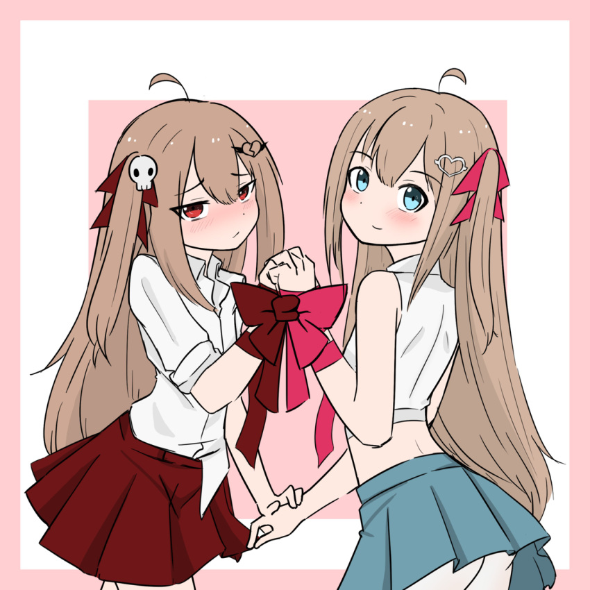 109kpm 2girls ahoge bare_arms bare_shoulders blue_eyes blue_skirt blush bound bound_wrists bow brown_hair closed_mouth collared_shirt crop_top dual_persona evil_neuro-sama hair_between_eyes hair_ornament hair_ribbon heart heart_hair_ornament highres holding_hands indie_virtual_youtuber light_brown_hair long_hair looking_at_viewer multiple_girls necktie neuro-sama one_side_up pink_background pleated_skirt red_eyes red_ribbon red_skirt ribbon shirt short_sleeves skirt skull_hair_ornament sleeveless sleeveless_shirt smile two_side_up very_long_hair virtual_youtuber white_shirt