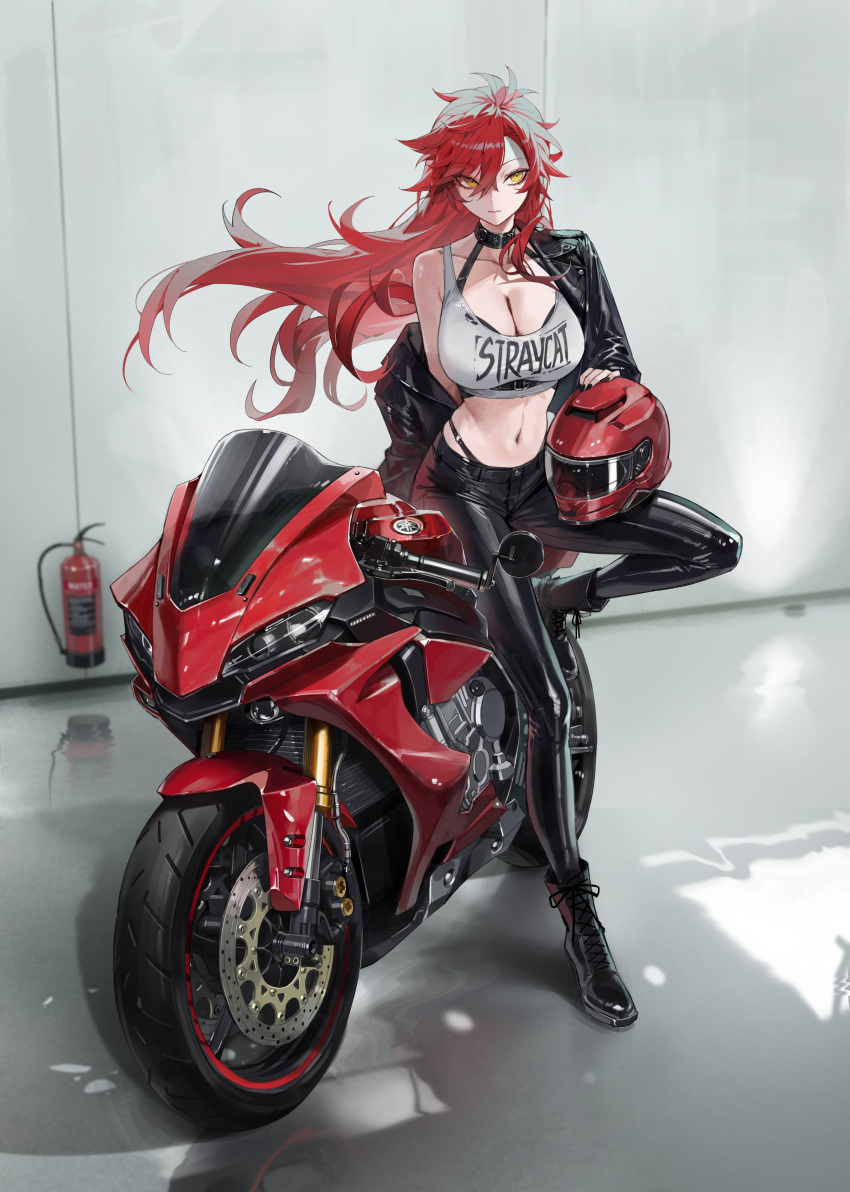 absurdres aki_(maenoo) black_bra black_footwear black_jacket black_panties black_pants boots bra bra_strap breasts cleavage female helmet highres jacket large_breasts leather leather_jacket leather_pants long_hair maenoo motor_vehicle motorcycle motorcycle_helmet navel open_clothes open_jacket original panties pants panty_straps red_hair solo tank_top underwear white_tank_top yellow_eyes