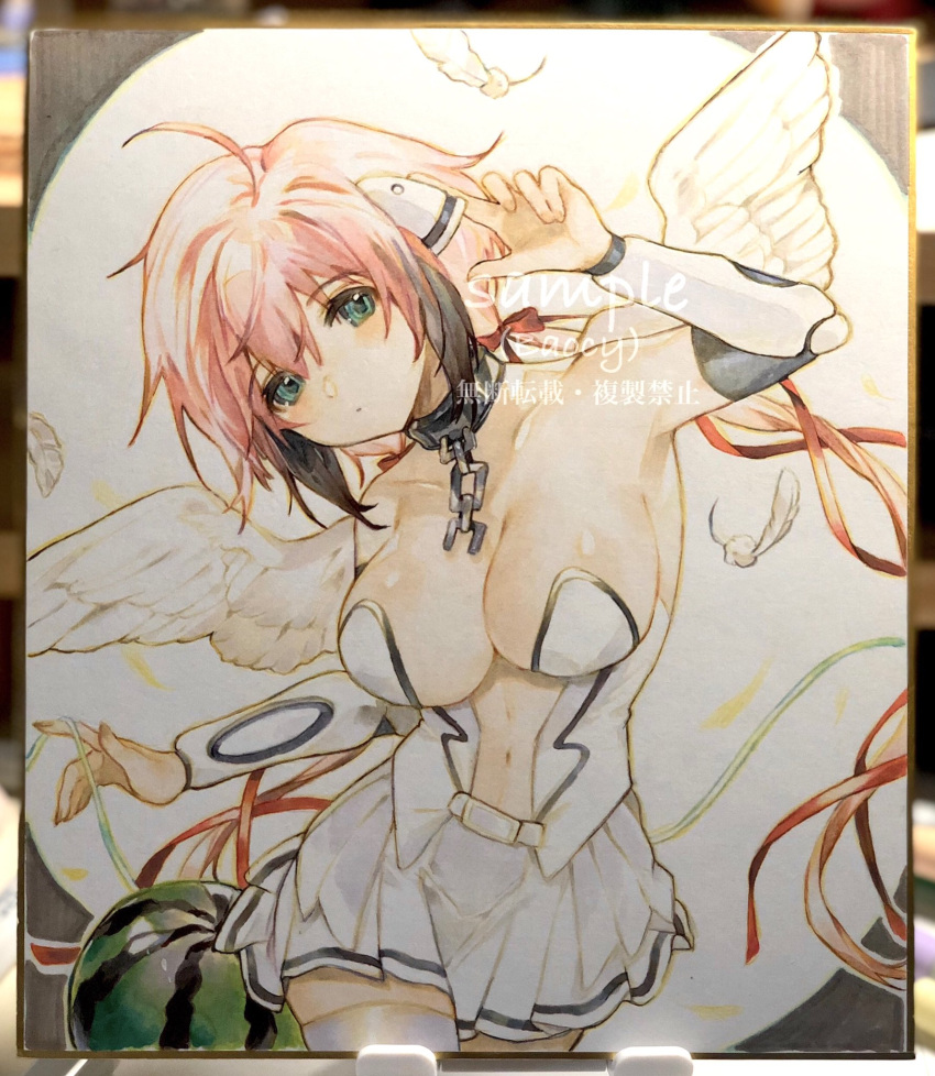 angel_wings arm_up armpits baocyuwu bare_shoulders black_hair breasts center_opening chains cleavage closed_mouth collar dress female food fruit gradient_hair green_eyes hair_ribbon highres ikaros large_breasts long_hair looking_at_viewer low_twintails marker_(medium) metal_collar multicolored_hair navel photo_(medium) pink_hair pleated_skirt red_ribbon ribbon robot_ears skirt sleeveless sleeveless_dress solo sora_no_otoshimono stomach thighhighs traditional_media twintails very_long_hair watermelon white_dress white_skirt white_thighhighs white_wings wings