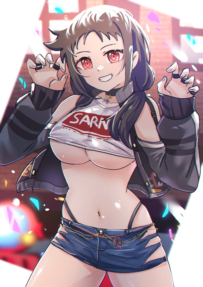 absurdres ayame_(senran_kagura) bare_shoulders black_choker black_hair black_jacket black_panties blue_skirt breasts choker claw_pose collarbone cowboy_shot crop_top denim denim_skirt female grin highres jacket jewelry large_breasts light_particles long_hair microskirt multiple_rings navel official_alternate_costume official_alternate_hairstyle original over_flow99 panties red_eyes revealing_clothes ring senran_kagura senran_kagura_new_link senran_kagura_new_wave shiny_skin shirt skindentation skirt sleeve_garter smile solo star_pendant stomach teeth thong torn_clothes torn_skirt underboob underwear white_shirt window