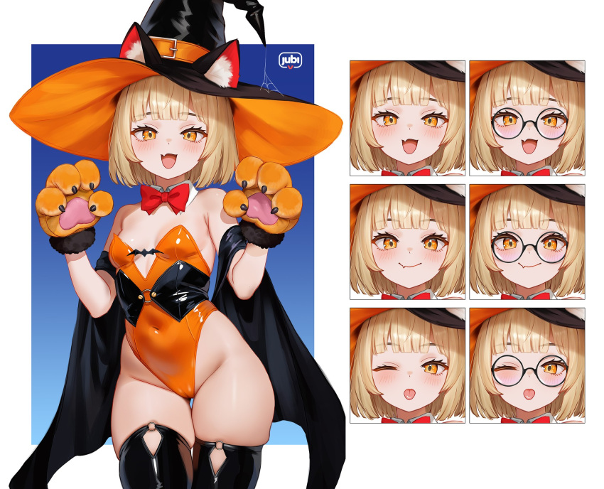 animal_ears animal_hands bare_shoulders bat_ornament black_cape black_thighhighs blonde_hair blue_background blue_sky blush border bow cape cat_ears closed_mouth detached_collar female glass gradient_background hands_up hat hat_with_ears highres looking_at_viewer navel oerba_yun_fang one_eye_closed open_mouth orange_eyes orange_suit original playboy_bunny red_bow regiana_(jubi) silk sky smile spider_web standing thighhighs tongue tongue_out white_background white_border witch_hat