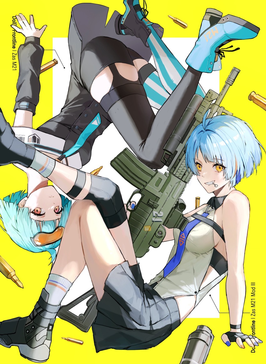 2girls absurdres ahoge aqua_footwear aqua_hair aqua_thighhighs assault_rifle black_footwear black_thighhighs blue_hair blue_nails boots breasts character_name closed_mouth copyright_name dual_persona english_text eyewear_on_head finger_on_trigger girls'_frontline goggles goggles_on_head grenade_launcher grenade_pin_in_mouth gun harafrontline highres kalashnikov_rifle looking_at_viewer mismatched_thighhighs multicolored_hair multicolored_nails multiple_girls orange_eyes orange_hair orange_nails parted_lips rifle rifle_cartridge short_hair simple_background smile socks streaked_hair striped_clothes striped_thighhighs thighhighs two-tone_background two-tone_thighhighs underbarrel_grenade_launcher vertical-striped_clothes vertical-striped_thighhighs weapon white_background white_socks white_thighhighs yellow_background zas_m21_(girls'_frontline) zas_m21_(mod3)_(girls'_frontline) zastava_m21