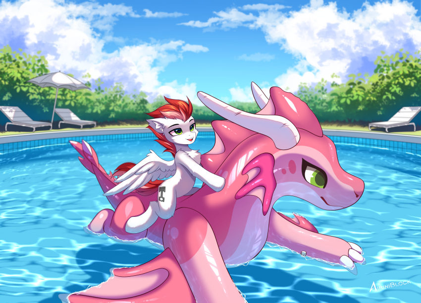 airiniblock equid equine feral hasbro hi_res imaginary inflatable male mammal my_little_pony mythological_creature mythological_equine mythology original_character pegasus pool solo spreading swimming wings