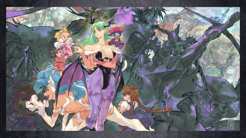 animal_ears bengus blonde_hair blue_hair braid cat_ears chibi chun-li darkstalkers felicia_(darkstalkers) fighting_stance green_hair greyscale guile hibiki_dan highres jiangshi kicking lei-lei monochrome morrigan_aensland pointing running ryu_(street_fighter) standing street_fighter tao_(warzard) tearing_up twin_braids warzard