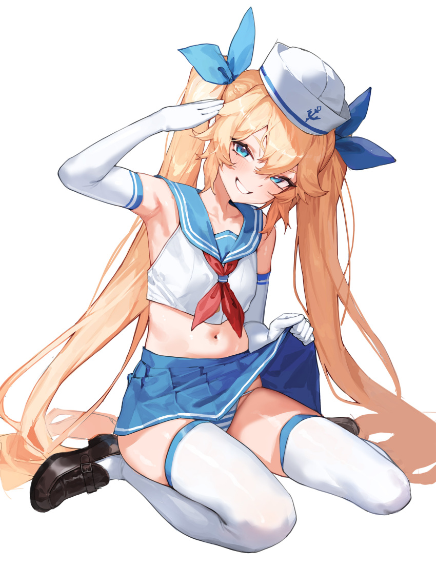 absurdres armpits bare_shoulders black_footwear blonde_hair blue_eyes blue_panties blue_sailor_collar blue_skirt blush clothes_lift crop_top dixie_cup_hat elbow_gloves female gloves hat highres last_origin lifting_own_clothes long_hair looking_at_viewer military_hat navel neckerchief panties pleated_skirt red_neckerchief sailor_collar sailor_hat salute shirt simple_background skirt skirt_lift smile smug solo stomach striped_clothes striped_panties thetis_(last_origin) thighhighs tunamayo_(dsasd751) twintails two-tone_panties underwear white_background white_gloves white_hat white_panties white_shirt white_thighhighs