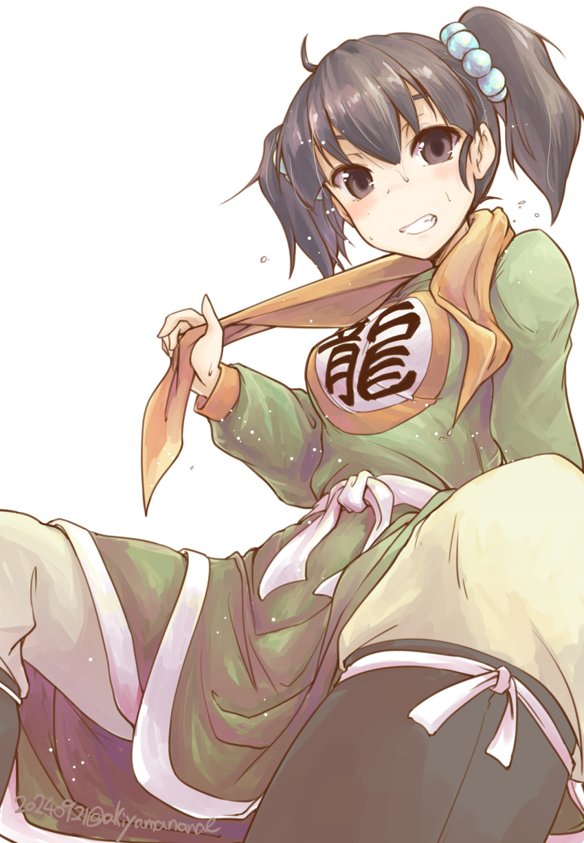 akiyama_nenehisa black_eyes black_hair blush breasts commentary_request dragon_quest dragon_quest_iii female fighter_(dq3) green_shirt hair_bobbles hair_ornament highres looking_at_viewer medium_breasts orange_scarf scarf shirt short_twintails simple_background sitting solo sweat twintails white_background