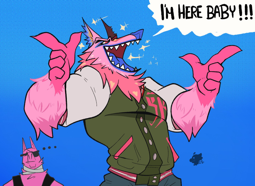 andy_fangerson animate_inanimate annoyed anthro b1rkye bandaged_neck blue_background blue_body blue_fur blue_nose blue_tongue bottomwear bulletproof_vest canid canine clothing digital_drawing_(artwork) digital_media_(artwork) duo egotistic epic_games eye_patch eyewear fangs fortnite fur gesture green_clothing green_jacket green_topwear hand_gesture hi_res jacket living_pinata looking_at_viewer lt._john_llama male mammal mythological_canine mythological_creature mythology pants pinata pink_body pink_fur pointing red_sclera simple_background teeth tongue topwear werecanid werecanine werecreature werewolf