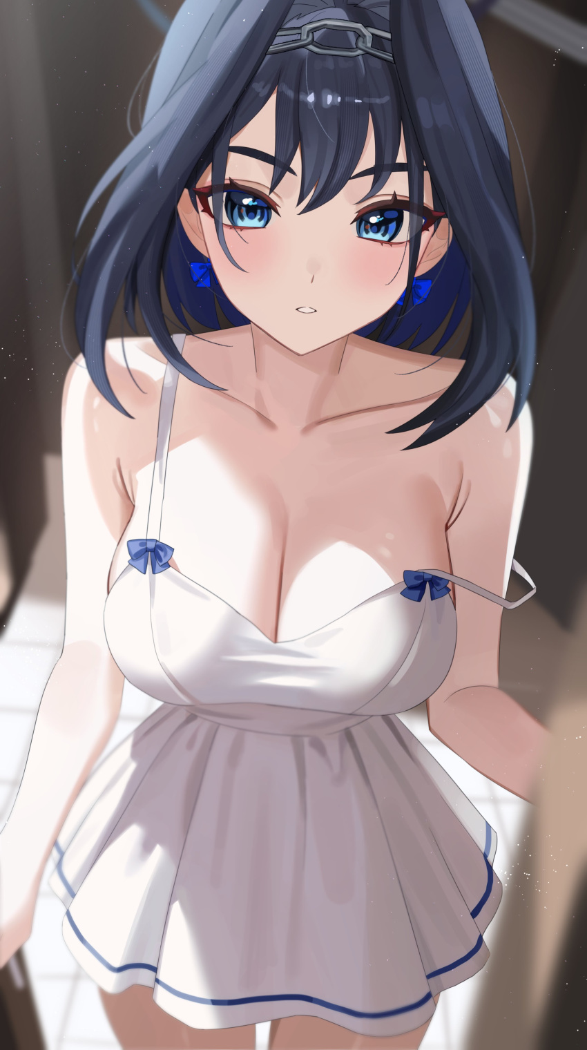 absurdres alternate_costume black_hair blue_eyes blue_hair blurry blush breasts chain_hairband chains cho_913 cleavage collarbone colored_inner_hair commentary depth_of_field doorway dress female highres hololive hololive_english large_breasts looking_at_viewer multicolored_hair ouro_kronii pov_doorway short_hair sleeveless sleeveless_dress solo strap_slip symbol-only_commentary virtual_youtuber white_dress