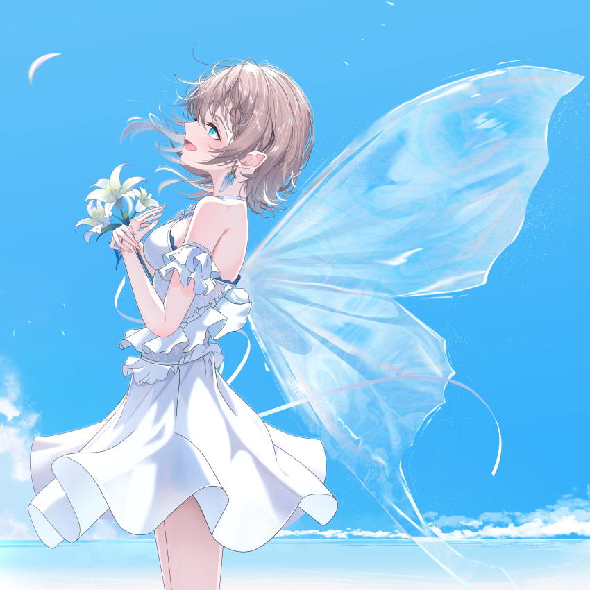 absurdres arm_cuffs back backless_dress backless_outfit blue_eyes blue_sky blush breasts butterfly_wings character_request cloud cloudy_sky commentary_request copyright_request day dress earrings female flower frills from_side highres holding holding_flower insect_wings jewelry light_brown_hair looking_afar medium_breasts medium_hair open_mouth original outdoors sideboob sikimosh sky sleeveless sleeveless_dress smile solo white_dress wind wind_lift wings