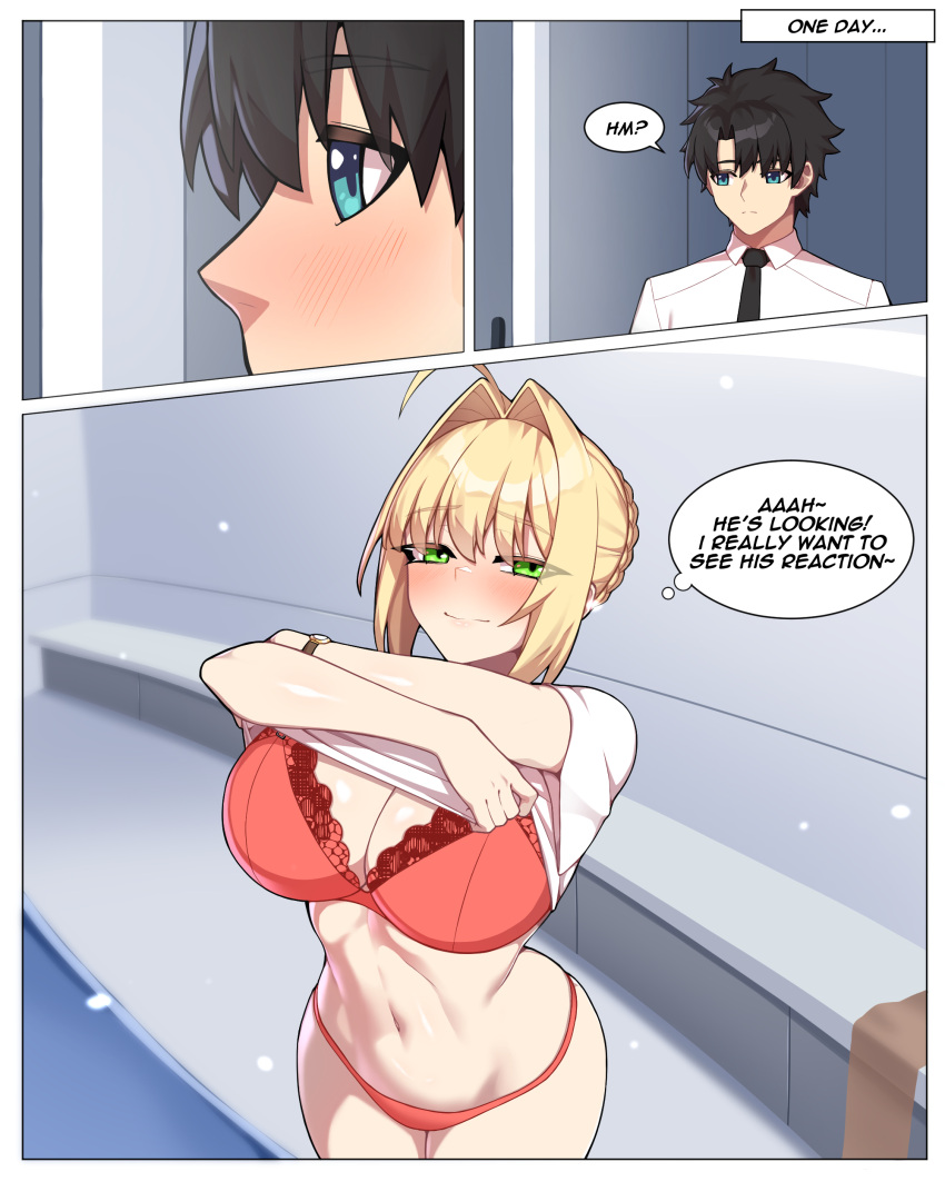 1boy absurdres ahoge black_hair blonde_hair blue_eyes blush braid breasts cleavage fate/grand_order fate_(series) female fujimaru_ritsuka_(male) green_eyes hair_bun hair_intakes highres hyperbudd large_breasts looking_at_viewer medium_hair navel nero_claudius_(fate) short_hair