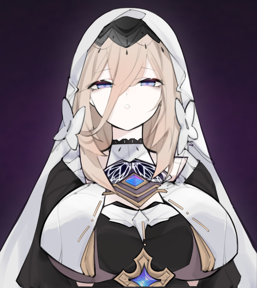 :o absurdres aponia_(honkai_impact) black_dress blonde_hair blue_eyes breast_curtains breasts dress error1980 female hair_between_eyes highres honkai_(series) honkai_impact_3rd large_breasts medium_hair nun purple_background solo underboob upper_body veil white_veil