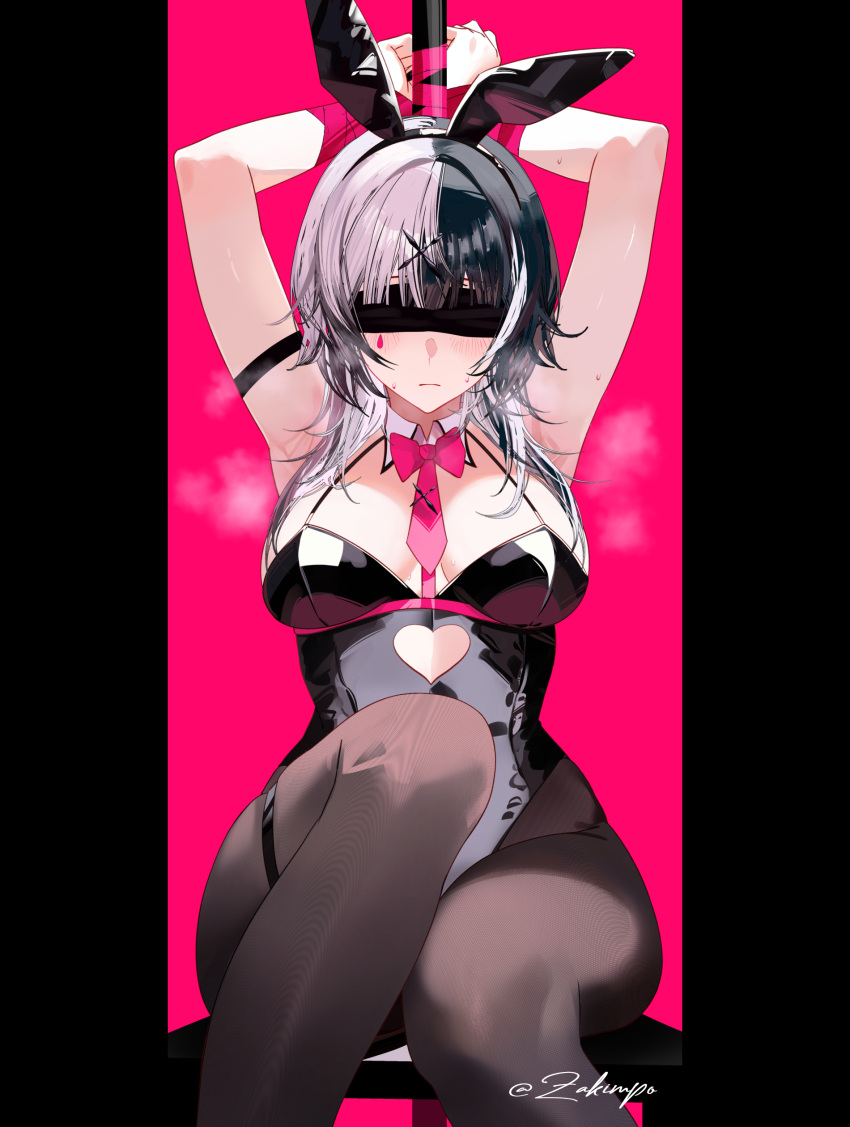 absurdres alternate_costume animal_ears armpits arms_up artist_name black_blindfold black_hair black_leotard black_pantyhose blindfold blush bound bound_wrists bow bowtie breasts closed_mouth clothing_cutout commentary cutout_above_navel fake_animal_ears female heart_cutout highres hololive hololive_english large_breasts leotard long_hair multicolored_hair necktie pantyhose pillarboxed pink_background pink_bow pink_bowtie pink_necktie playboy_bunny pole rabbit_ears rabbit_hole_(vocaloid) shiori_novella simple_background solo split-color_hair steaming_body streaked_hair stripper_pole symbol-only_commentary teardrop_facial_mark virtual_youtuber white_hair zakimpo