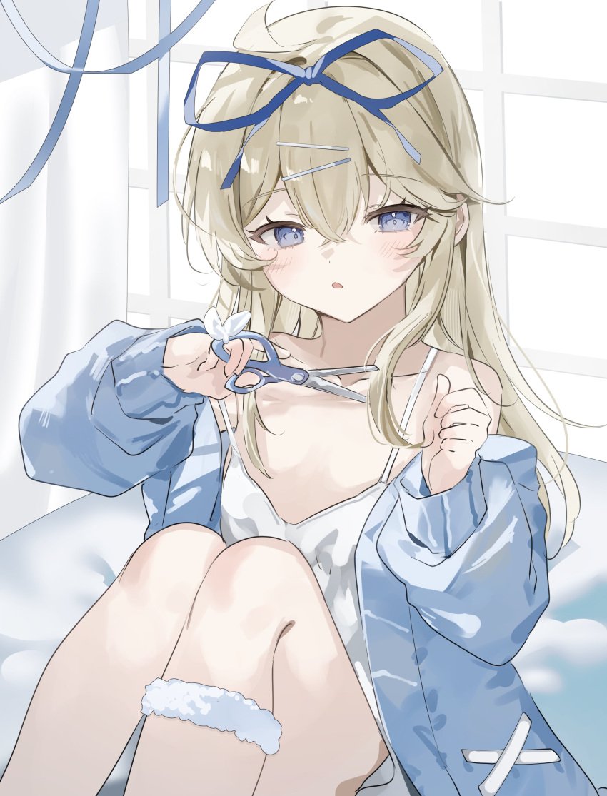 absurdres blonde_hair blue_eyes blue_jacket blue_ribbon camisole curtains female flat_chest hair_ribbon highres holding holding_scissors jacket lolicon looking_at_viewer on_bed original ribbon scissors solo sorani_(kaeru0768) white_camisole window