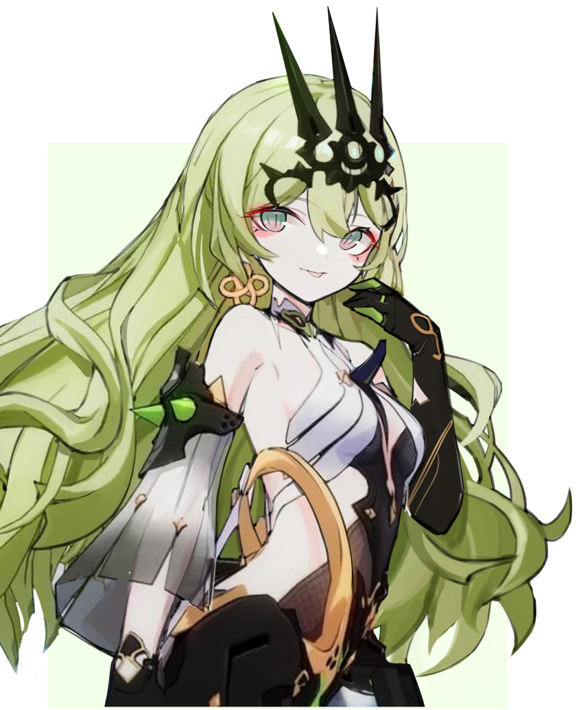 absurdres armpits black_dress black_gloves black_tiara border breasts center_opening clothing_cutout dress earrings elbow_gloves error1980 female gloves green_background green_hair highres honkai_(series) honkai_impact_3rd jewelry long_hair looking_at_viewer mobius_(honkai_impact) side_cutout simple_background slit_pupils small_breasts spikes tiara tongue tongue_out white_border