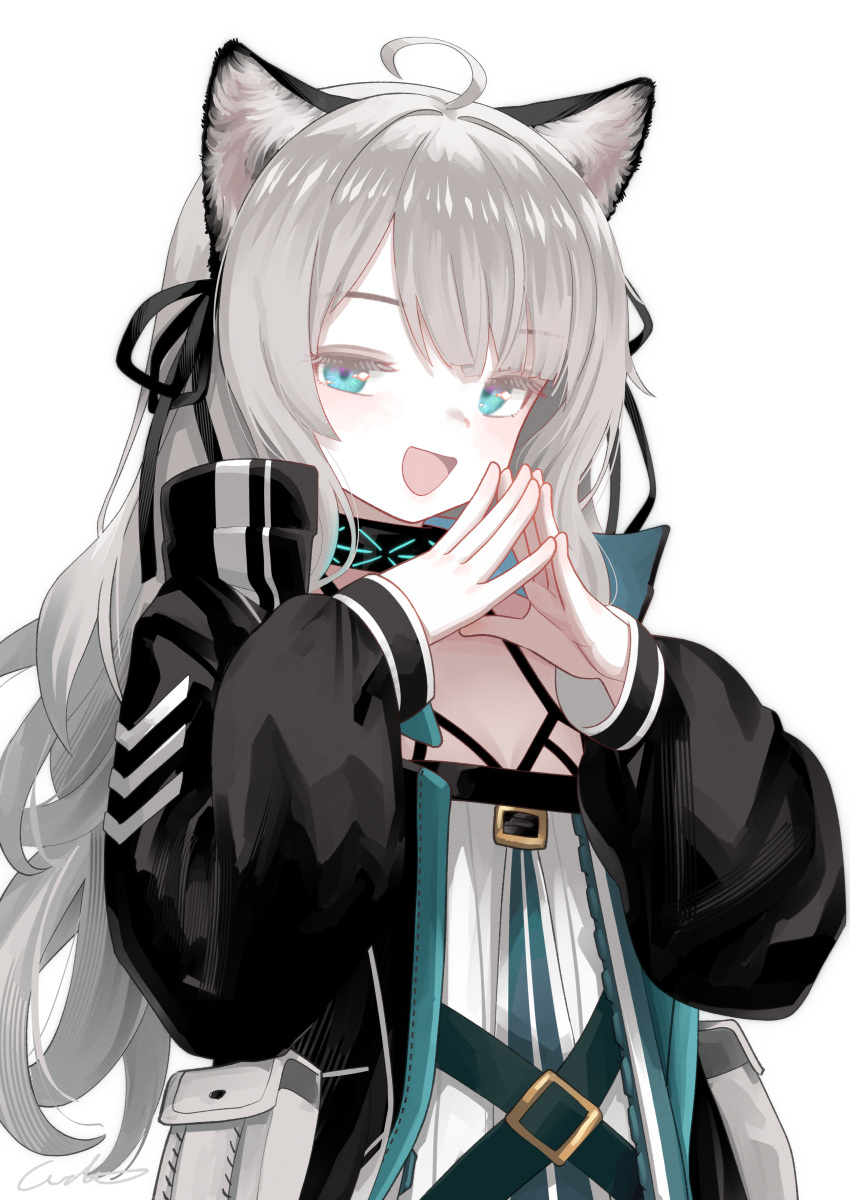 :d absurdres ahoge animal_ear_fluff animal_ears arknights black_jacket black_ribbon blue_eyes commentary_request female grey_hair hair_ribbon hands_up high_collar highres infection_monitor_(arknights) jacket long_hair long_sleeves looking_at_viewer mint_(arknights) open_clothes open_jacket open_mouth own_hands_together pouch ribbon simple_background smile solo steepled_fingers upper_body welt_(kinsei_koutenkyoku) white_background