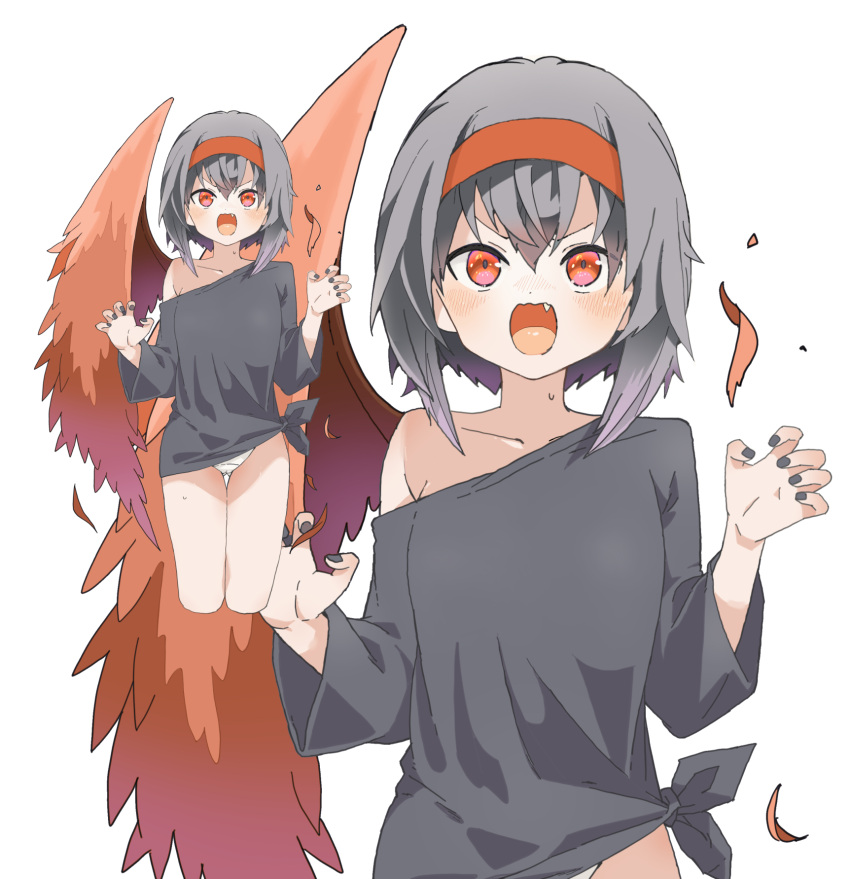 black_shirt blush brown_hairband brown_wings feathered_wings female grey_hair grey_nails hair_between_eyes hairband highres long_sleeves nail_polish oerba_yun_fang off_shoulder open_mouth original panties red_eyes shirt simple_background single_wing solo thigh_gap tied_shirt underwear v-shaped_eyebrows white_background white_panties wide_sleeves wings yukimoto_shuuji_(gurigura) zoom_layer