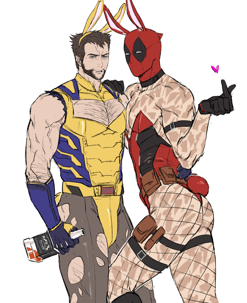 2boys adapted_costume animal_ears arm_hair ass back beard black_gloves blue_gloves bodysuit bottle brown_hair chest_hair commentary_request couple deadpool deadpool_&_wolverine deadpool_(series) facial_hair fake_animal_ears finger_heart fishnet_pantyhose fishnets gloves green_eyes gyeleul hand_on_another's_waist highres holding holding_bottle korean_commentary large_pectorals leg_hair looking_at_viewer male_focus male_playboy_bunny marvel marvel_cinematic_universe mask multiple_boys muscular muscular_male pantyhose pectoral_cleavage pectoral_docking pectoral_press pectorals rabbit_ears rabbit_tail red_mask scar scars_all_over short_hair tail torn_bodysuit torn_clothes veins veiny_arms wolverine_(x-men) x-men yaoi