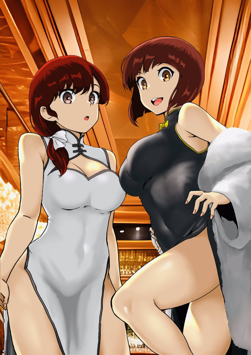 2girls :d :o armpits arms_at_sides bar_(place) bare_shoulders black_dress blunt_bangs blunt_ends bob_cut bow breasts brown_eyes chandelier china_dress chinese_clothes cleavage cleavage_cutout clothing_cutout coat commentary covered_navel dress face-to-face feet_out_of_frame from_below fur_coat hair_over_shoulder hair_ribbon hairbow hands_on_own_hips highres indoors inverted_bob knee_up labyrinth1986 large_breasts long_hair long_sleeves looking_at_viewer looking_down low_ponytail mandarin_collar multiple_girls off_shoulder open_mouth photo_background pink_nails ranma_1/2 ribbon shelf short_hair siblings side_slit sisters sleeveless sleeveless_dress smile standing swept_bangs teeth tendou_kasumi tendou_nabiki upper_teeth_only white_bow white_coat white_dress white_ribbon wooden_ceiling