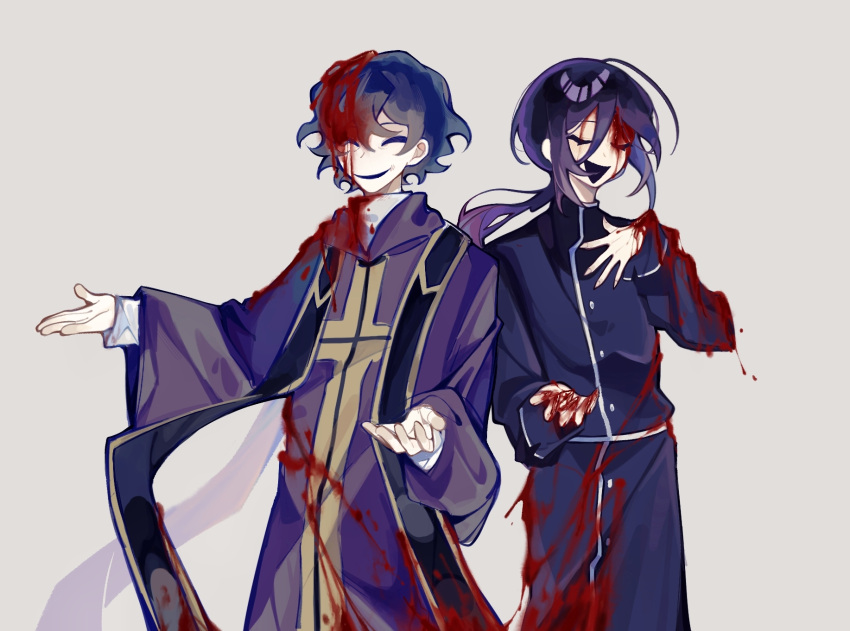 2boys ahoge black_coat black_hair blood blood_in_hair blood_on_clothes blood_on_face blood_on_hands blue_hair chinese_commentary closed_eyes coat commentary_request crossover dark_blue_hair gold_trim grey_background hair_between_eyes hand_on_own_chest highres hood hood_down kunai_tadashi kuwuzhengpai long_hair long_sleeves male_focus multiple_boys open_mouth original orthodoxia_(vocaloid) ponytail purple_coat saibou_shinkyoku shirt short_hair simple_background smile stole trait_connection utsugi_noriyuki variant_set vocaloid white_shirt wide_sleeves