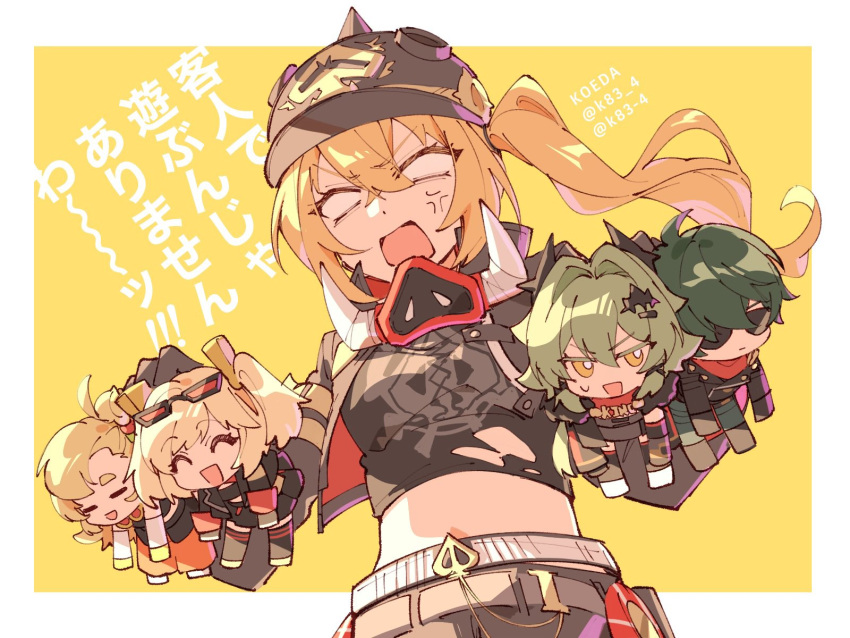 1boy 4girls ^_^ anger_vein black_gloves black_shirt black_shorts blonde_hair breasts burnice_white caesar_king_(zenless_zone_zero) closed_eyes combat_helmet commentary_request crop_top eyewear_on_head gloves green_hair hair_between_eyes hair_ornament helmet highres koeda_(k83_4) lighter_(zenless_zone_zero) long_hair luciana_de_montefio mask mask_around_neck mini_person miniboy minigirl multiple_girls open_mouth orange_eyes pickelhaube piper_wheel shirt shorts side_ponytail skirt sunglasses sweat torn_clothes translation_request twintails twitter_username zenless_zone_zero