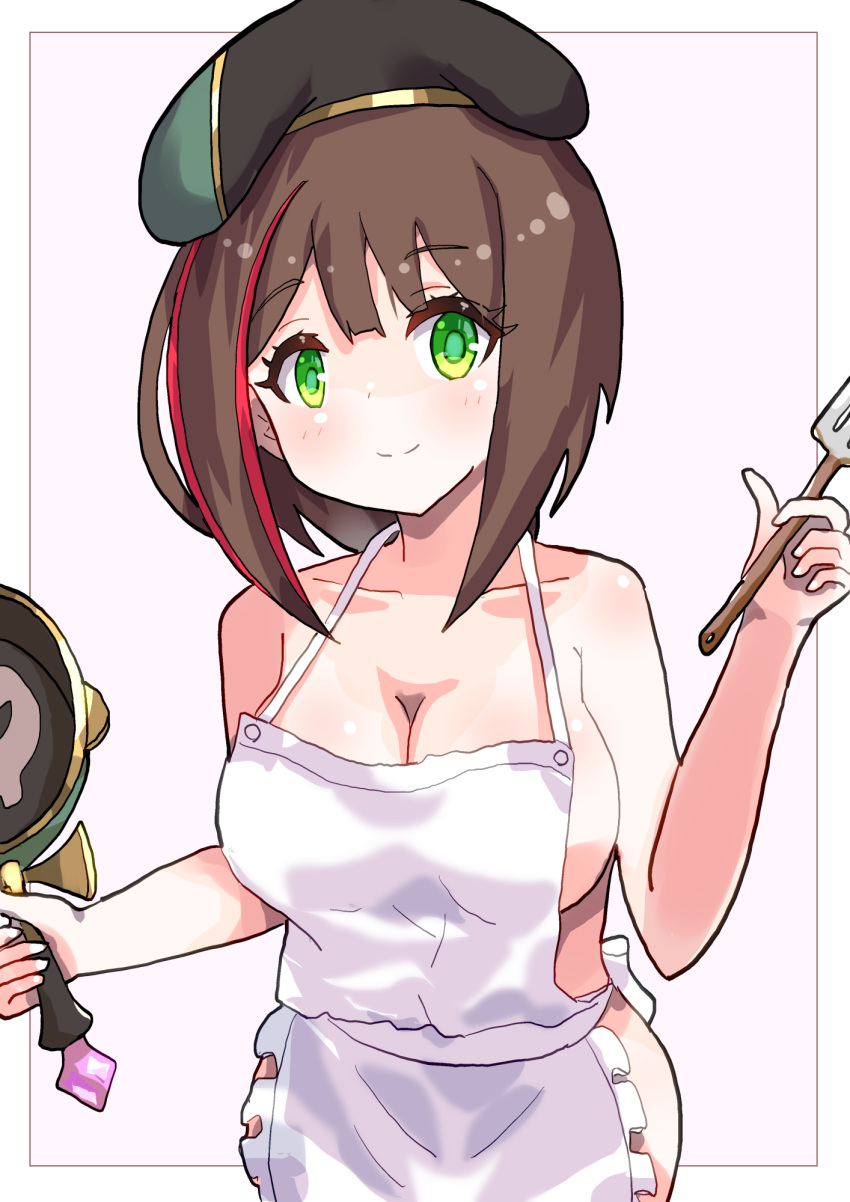 apron beret breasts brown_hair collarbone female frying_pan green_eyes hat highres holding holding_frying_pan holding_spatula medium_breasts naked_apron princess_connect! simple_background smile solo spatula syalm wakana_(princess_connect!)