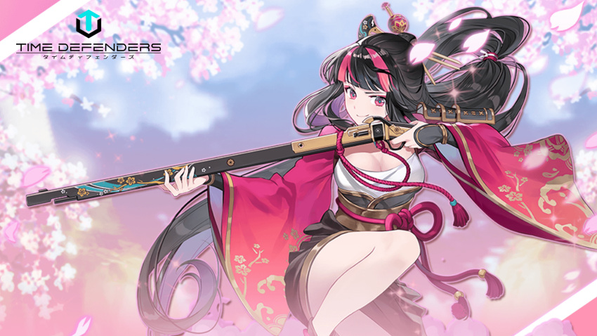 aiming antique_firearm black_hair blunt_bangs breasts cherry_blossoms cleavage closed_mouth commentary_request copyright_name female firelock furisode gun hair_ornament highres holding holding_gun holding_weapon japanese_clothes kanzashi kimono long_hair looking_at_viewer matchlock multicolored_hair official_art ouka_(time_defenders) pink_hair pink_petals red_eyes second-party_source smile solo squatting streaked_hair thighs time_defenders very_long_hair weapon