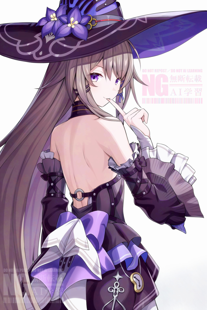 asamura_hiori backless_dress backless_outfit bare_back bare_shoulders black_choker black_dress brown_hair choker cowboy_shot detached_sleeves dress female finger_to_mouth flower frilled_sleeves frills hand_up hat hat_flower herta_(honkai:_star_rail) herta_(unknowable_domain)_(honkai:_star_rail) highres honkai:_star_rail honkai_(series) long_hair long_sleeves looking_at_viewer purple_eyes purple_flower smile solo very_long_hair witch_hat