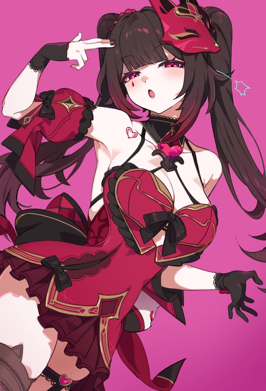 :o absurdres awe_(adorableduckyy) bare_shoulders black_collar black_gloves black_nails breasts brown_hair collar collarbone cowboy_shot detached_sleeves dress female finger_gun finger_gun_to_head fox_mask gloves heart heart_tattoo highres honkai:_star_rail honkai_(series) honkai_impact_3rd large_breasts long_hair looking_at_viewer mark_under_eye mask mask_on_head nail_polish official_alternate_costume open_mouth pink_background red_dress red_eyes red_sleeves shoulder_tattoo sidelocks simple_background single_glove solo sparkle_(fictitious_game)_(honkai:_star_rail) sparkle_(honkai:_star_rail) tattoo teardrop_facial_mark thighs twintails