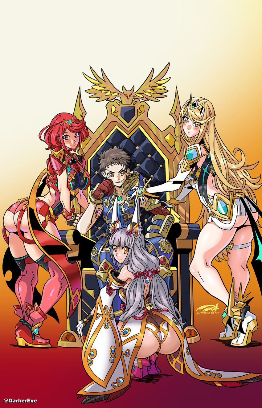 1boy 3girls ass blonde_hair brown_hair chest_jewel darkereve detached_sleeves grey_hair highres huge_ass looking_at_viewer looking_back microskirt multiple_girls mythra_(xenoblade) nia_(blade)_(xenoblade) nia_(xenoblade) pyra_(xenoblade) red_hair rex_(xenoblade) sitting_on_throne skirt smile smirk squatting throne tiara very_long_ears xenoblade_chronicles_(series) xenoblade_chronicles_2