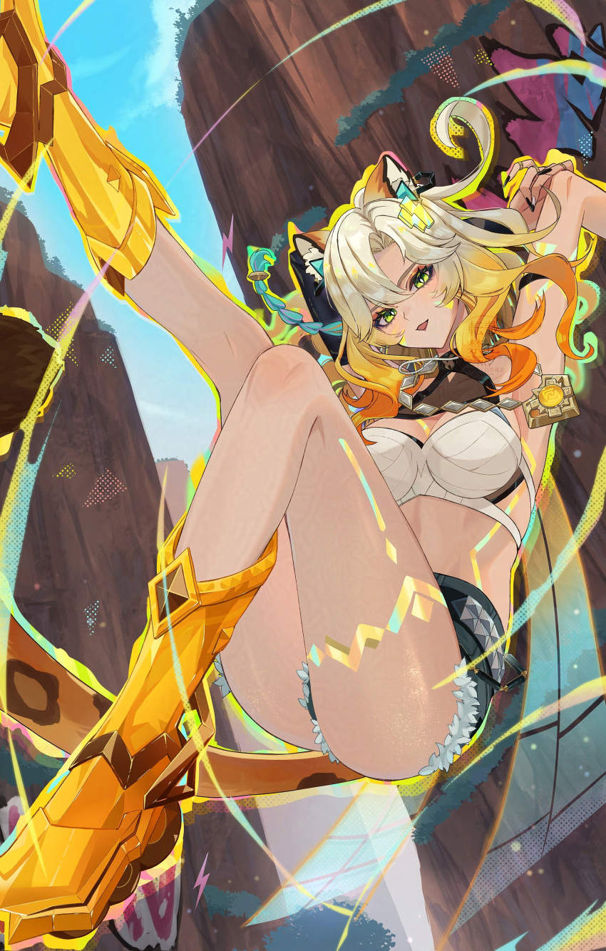 absurdres animal_ear_fluff animal_ears arms_behind_head aura blonde_hair blue_sky body_markings braid breasts cliff crop_top cutoffs denim denim_shorts falling feet_out_of_frame fingernails floating_hair genshin_impact graffiti green_eyes hair_between_eyes head_tilt high-waist_shorts highres jaguar_ears jaguar_girl jaguar_tail large_breasts leg_up looking_at_viewer medallion midriff multicolored_hair open_mouth orange_hair roller_skates short_shorts shorts single_braid skates sky slit_pupils tail vision_(genshin_impact) xilonen_(genshin_impact) xxchicoxxf