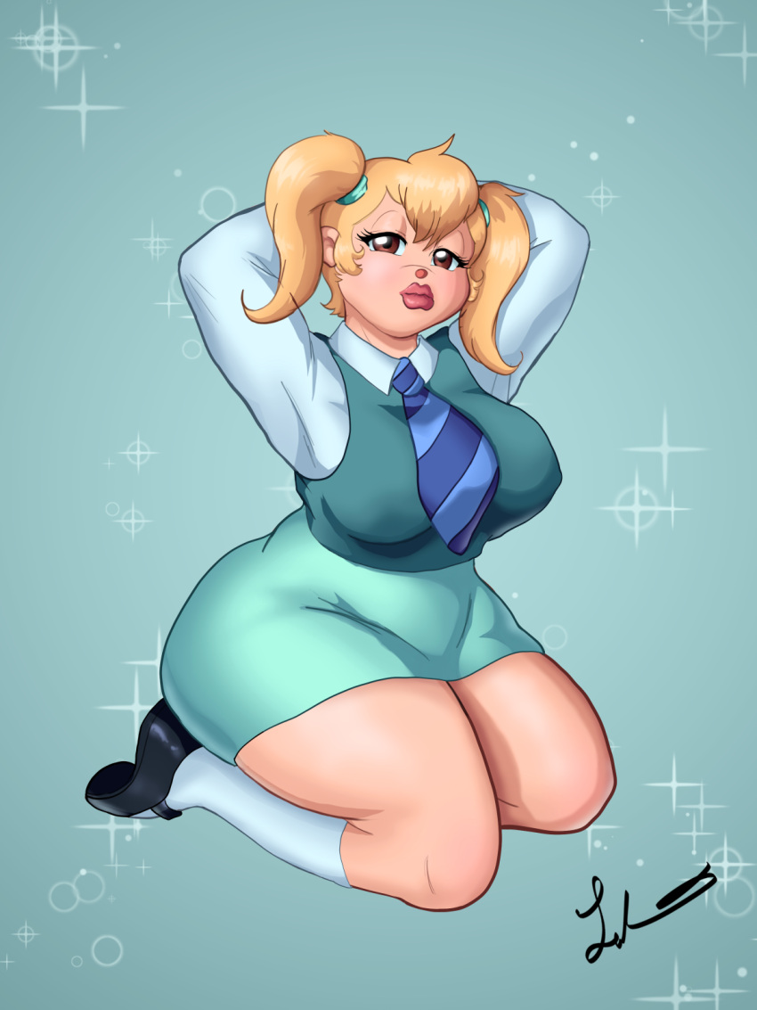 aged_up alvin_and_the_chipmunks blonde_hair blue_necktie breasts brown_eyes eleanor_miller female highres kneehighs kneeling lakifran lips necktie pinup_(style) plump shirt shoes short_twintails skirt socks sparkle_background twintails vest