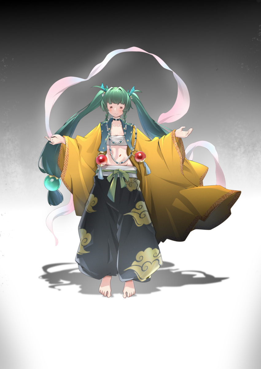 :3 =_= absurdres alternate_costume android barefoot black_myth:_wukong blunt_bangs blush braid female full_body green_hair grey_background highres qingyi_(zenless_zone_zero) shadow side_braids sidelocks simple_background smile solo standing twintails wide_sleeves woqumaidianjuzi zenless_zone_zero