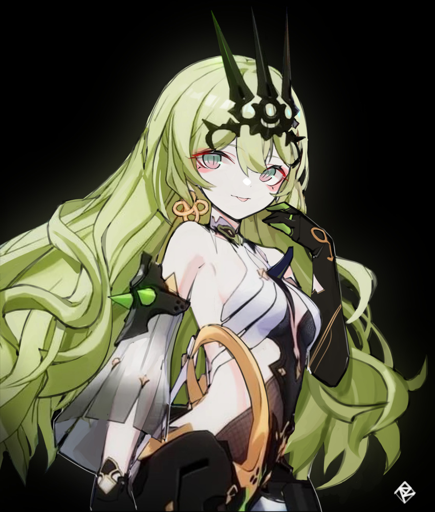 absurdres armpits black_background black_dress black_gloves black_tiara breasts center_opening clothing_cutout dress earrings elbow_gloves error1980 female gloves green_hair highres honkai_(series) honkai_impact_3rd jewelry long_hair looking_at_viewer mobius_(honkai_impact) side_cutout slit_pupils small_breasts spikes tiara tongue tongue_out