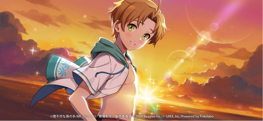 1boy ahoge artist_request blush brown_hair cloud collarbone copyright_notice dusk green_eyes highres hood hood_down hooded_jacket jacket looking_at_viewer male_focus mole mole_under_eye mushoku_tensei mushoku_tensei:_game_ni_nattemo_honki_dasu navel ocean official_art open_clothes open_jacket rudeus_greyrat short_hair sky smile sparkle