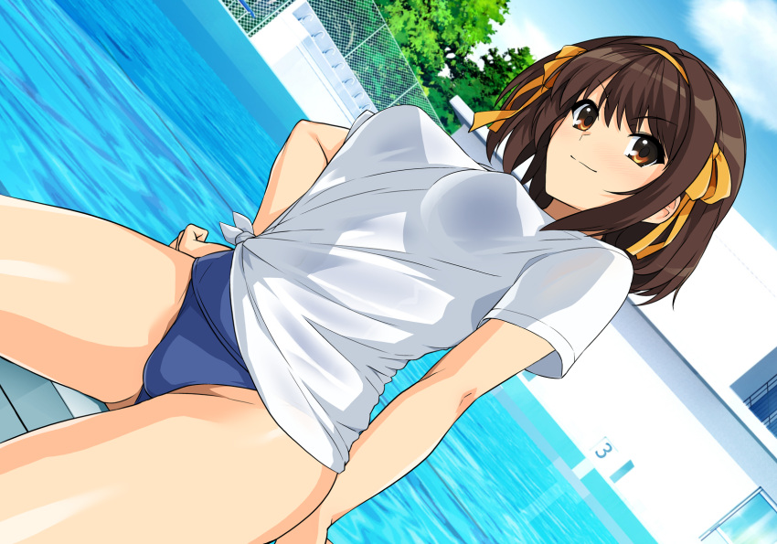 blue_one-piece_swimsuit blue_sky breasts brown_eyes brown_hair chain-link_fence closed_mouth cloud commentary_request day female fence hairband hand_on_own_hip haruhisky highres large_breasts medium_hair one-piece_swimsuit outdoors poolside ribbon school_swimsuit shirt sky smile solo standing suzumiya_haruhi suzumiya_haruhi_no_yuuutsu swimsuit t-shirt thighs tied_shirt water white_shirt yellow_hairband yellow_ribbon