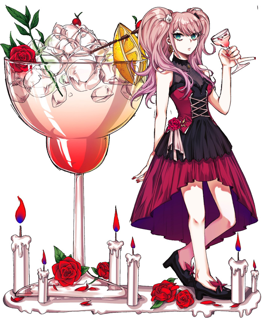 alcohol bad_id bad_twitter_id bare_arms bare_legs bare_shoulders bear_hair_ornament black_bra black_dress black_footwear black_shirt blonde_hair blue_eyes blunt_bangs bra bug butterfly candle closed_mouth commentary_request cross-laced_clothes cross-laced_dress cup danganronpa:_trigger_happy_havoc danganronpa_(series) dress dress_flower dress_ribbon drink drinking_glass earrings enoshima_junko expressionless eyelashes female fire flower food frilled_dress frills fruit full_body gem gold_earrings gradient_hair hair_half_over_shoulder hair_ornament high_heels highres holding holding_drink hy_(fjvlg) ice ice_cube jewelry knees korean_commentary lemon lemon_slice light_frown lips long_dress long_hair looking_at_viewer multicolored_hair nail_polish oversized_food oversized_object pink_lips purple_hair red_dress red_flower red_gemstone red_nails red_rose ribbon rose see-through_clothes see-through_shirt shirt shirt_under_dress simple_background sleeveless sleeveless_shirt solo standing strapless strapless_dress twintails two-tone_dress underwear whipped_cream white_background white_ribbon