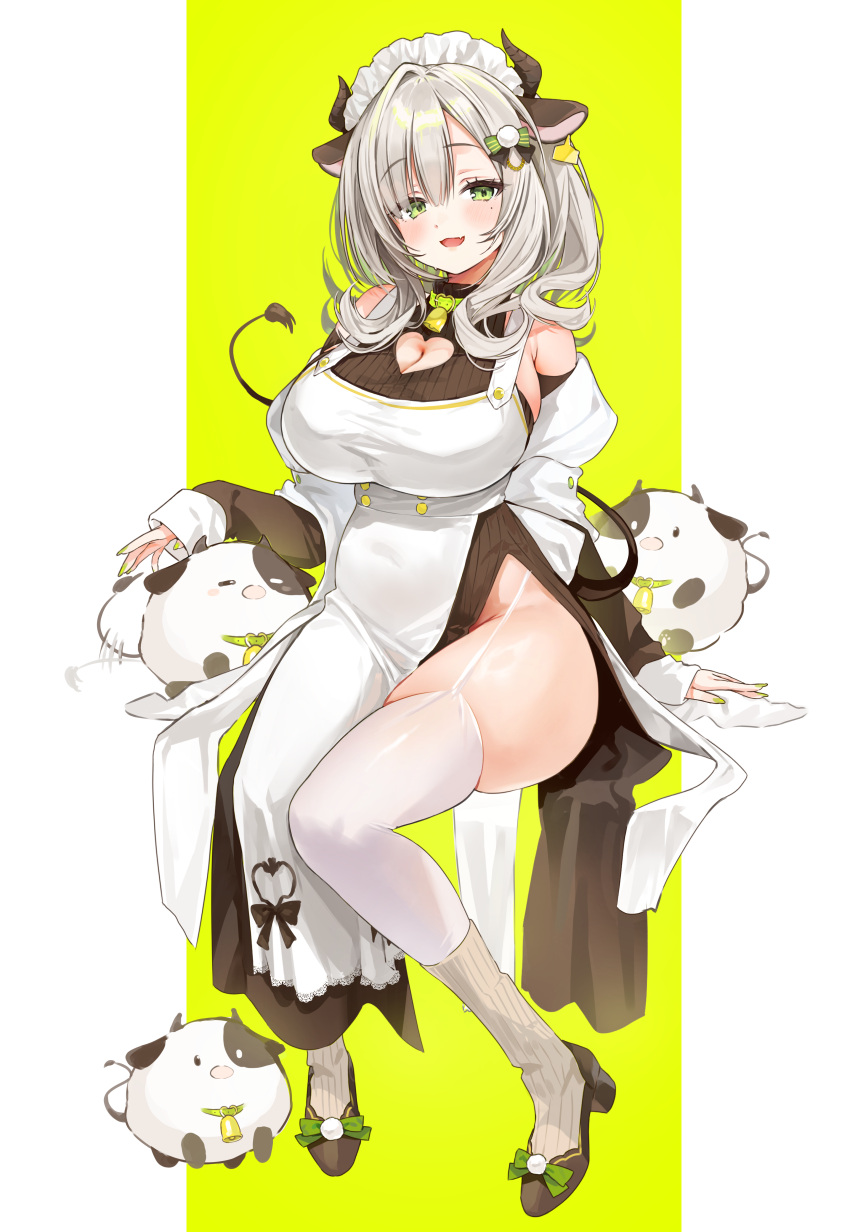 absurdres animal_ears apron black_dress breasts cleavage_cutout clothing_cutout cow_ears cow_girl cow_horns cow_tail dress female green_eyes grey_hair highres horns large_breasts looking_at_viewer maid_headdress mole mole_under_eye nikuya_(nikuniku_nikuya) original shoes simple_background solo tail thighhighs two-tone_background white_apron white_thighhighs