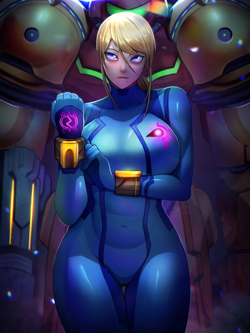 absurdres arm_cannon armor blonde_hair blue_bodysuit blue_eyes bodysuit breasts closed_mouth commentary covered_navel cowboy_shot female hair_between_eyes highres large_breasts long_hair looking_at_viewer metroid mole mole_under_mouth navel ponytail power_armor power_suit samus_aran shiny_clothes sidelocks skin_tight solo thigh_gap thighs varia_suit weapon xuuikie_ashe zero_suit