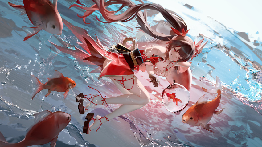 back black_gloves black_sash brown_hair dress feet female fish fox_mask gloves goldfish highres honkai:_star_rail honkai_(series) leaning_on_object legs long_hair mark_under_both_eyes mask mask_on_head pupil_g red_dress red_eyes red_sleeves sandals sash single_glove smile solo sparkle_(honkai:_star_rail) twintails very_long_hair water