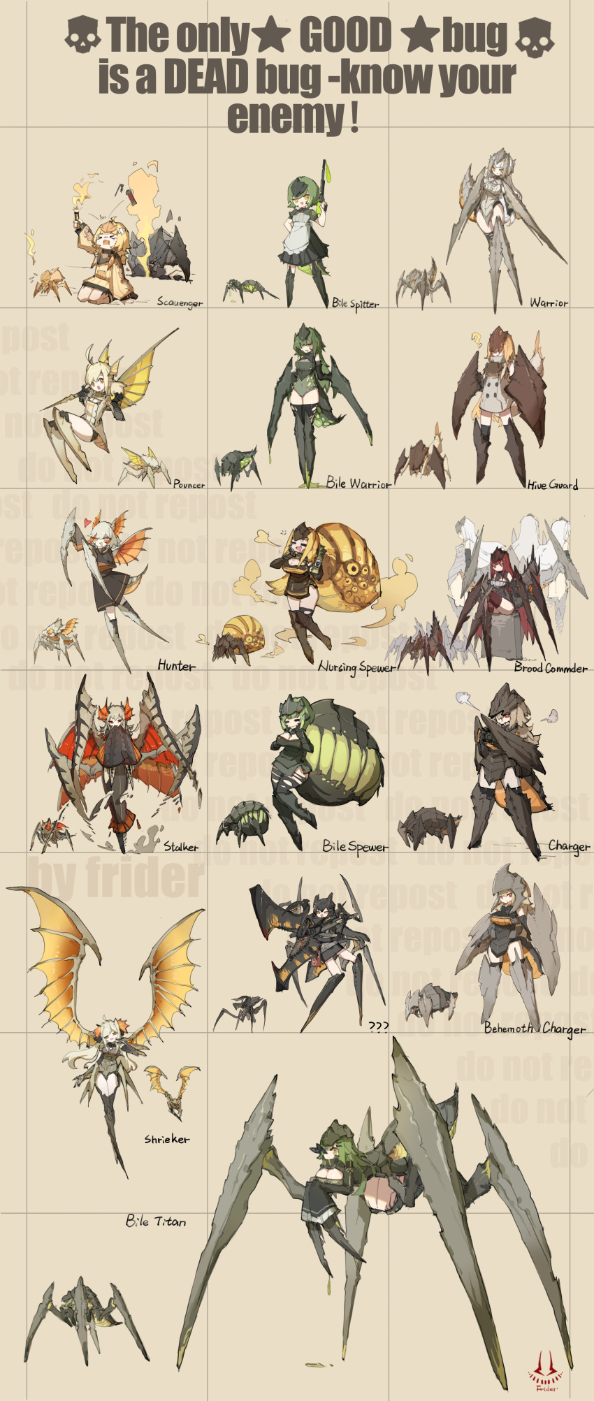 6+girls ? absurdres acid arachnid_(starship_troopers) arthropod_girl arthropod_limbs artist_name behemoth_charger_(helldivers) bile_spewer bile_titan bile_warrior brood_commander_(helldivers) charger_(helldivers) chitin flare frider green_hair gun helldivers_(series) highres hive_guard_(helldivers) hunter_(helldivers) monster_girl multiple_girls nursing_spewer_(helldivers) personification pouncer scavenger_(helldivers) shrieker_(helldivers) skull stalker_(helldivers) starship_troopers target_identification_chart warrior_(helldiver) weapon wings