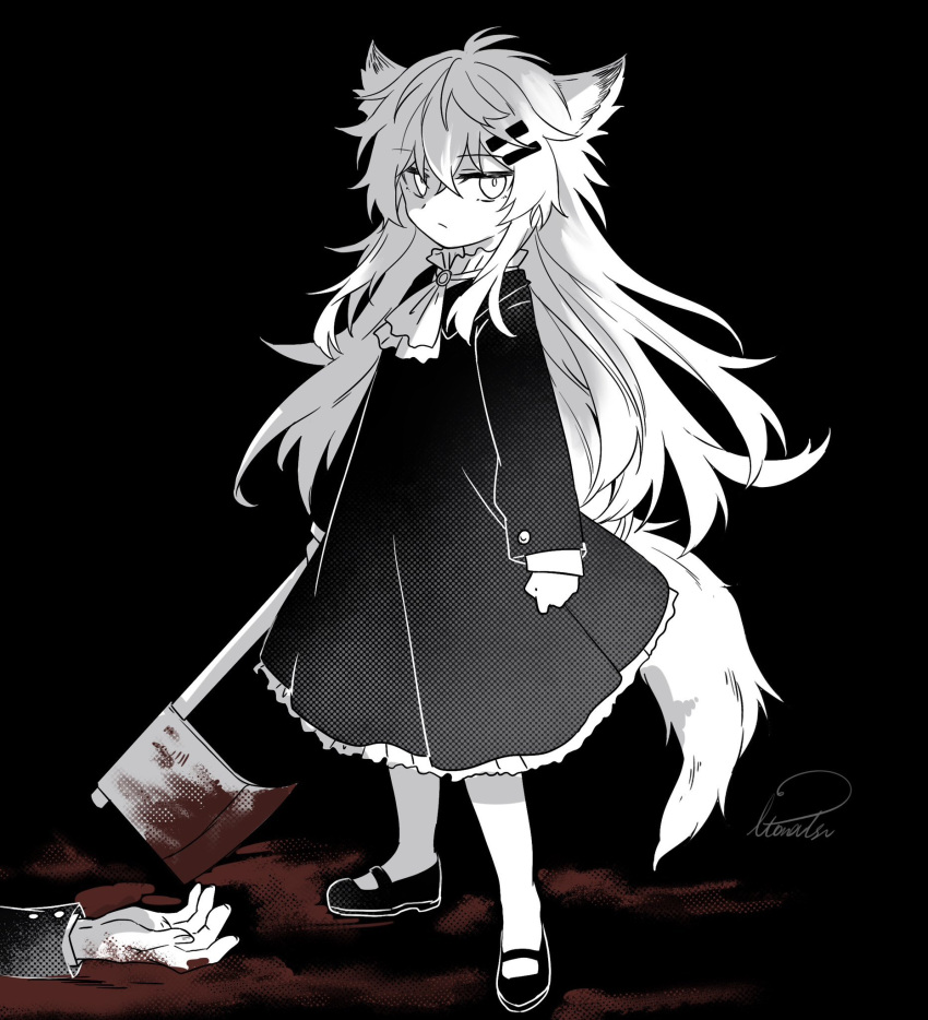 1other aged_down ambiguous_gender animal_ear_fluff animal_ears antenna_hair arknights artist_name ascot axe blood blood_on_hands blood_on_weapon blood_splatter buttoned_cuffs buttons closed_mouth commentary_request dress expressionless female frilled_dress frilled_shirt_collar frills from_side full_body greyscale hair_between_eyes hair_ornament hairclip halftone high_collar highres holding holding_axe holding_weapon implied_death invisible_floor itonatsu lappland_(arknights) layered_sleeves long_hair long_sleeves looking_at_viewer looking_to_the_side messy_hair monochrome out_of_frame shade shadow shirt shoes signature simple_background solo_focus spot_color standing tail very_long_hair weapon wide_sleeves wolf_ears wolf_girl